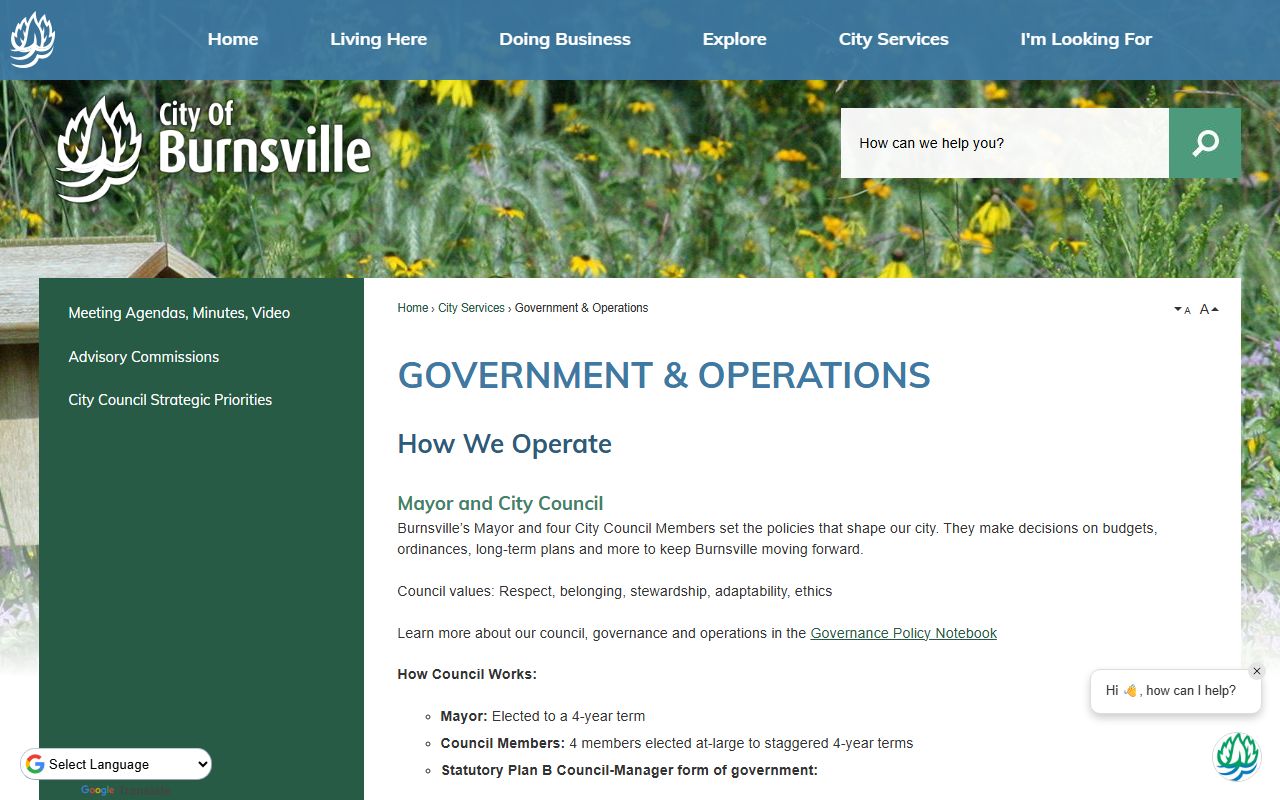 Burnsville government page showing city departments and public safety links