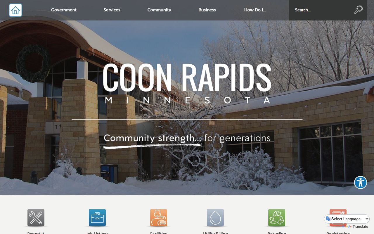 Coon Rapids city website showing police department and public safety resources for recent bookings