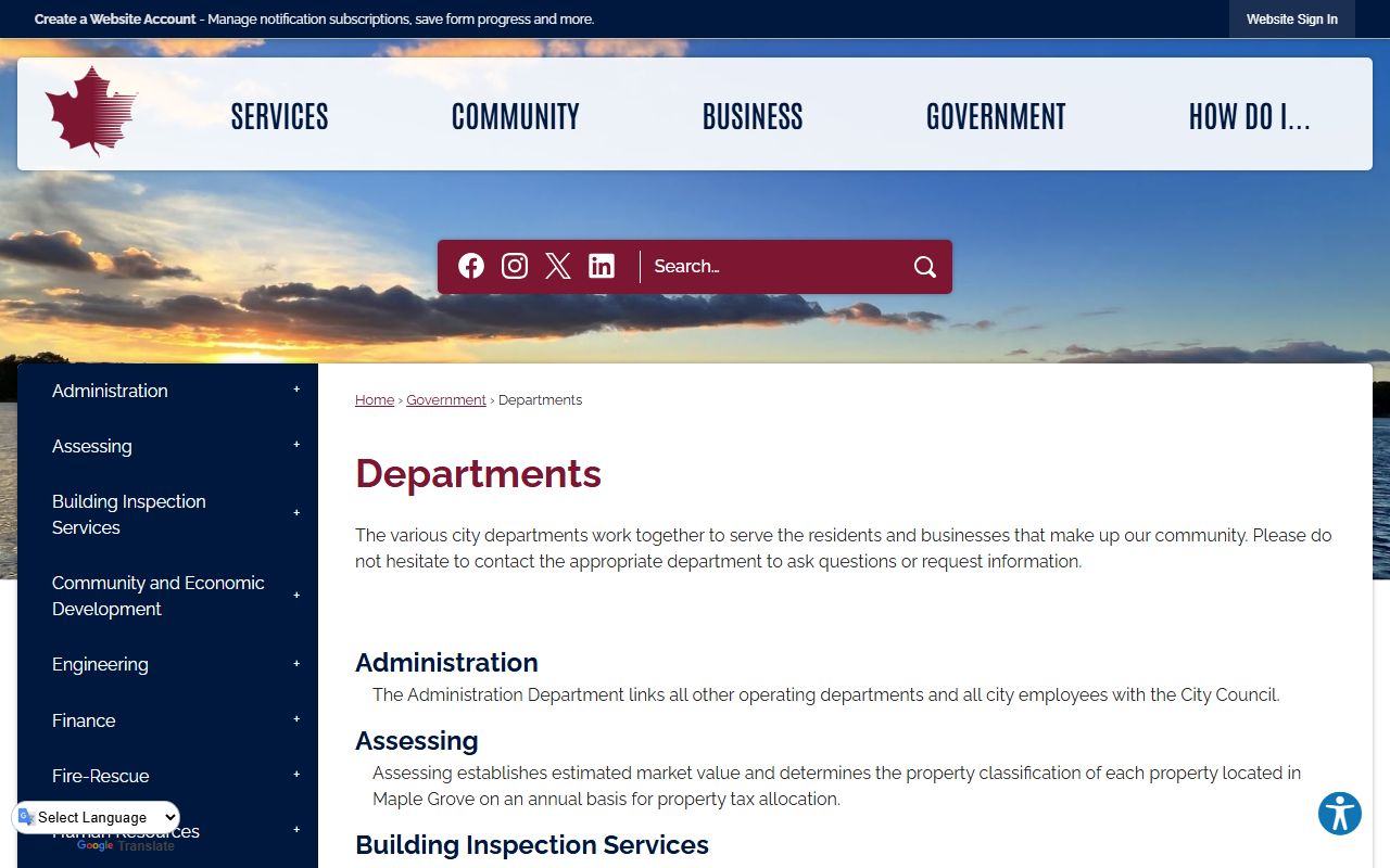 Maple Grove city departments page showing Police Department contact and public safety information