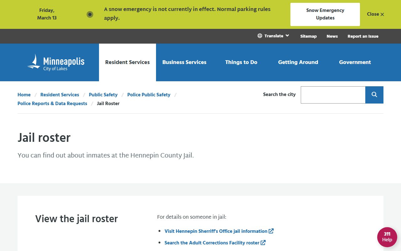 Minneapolis city jail roster resource page for recent bookings