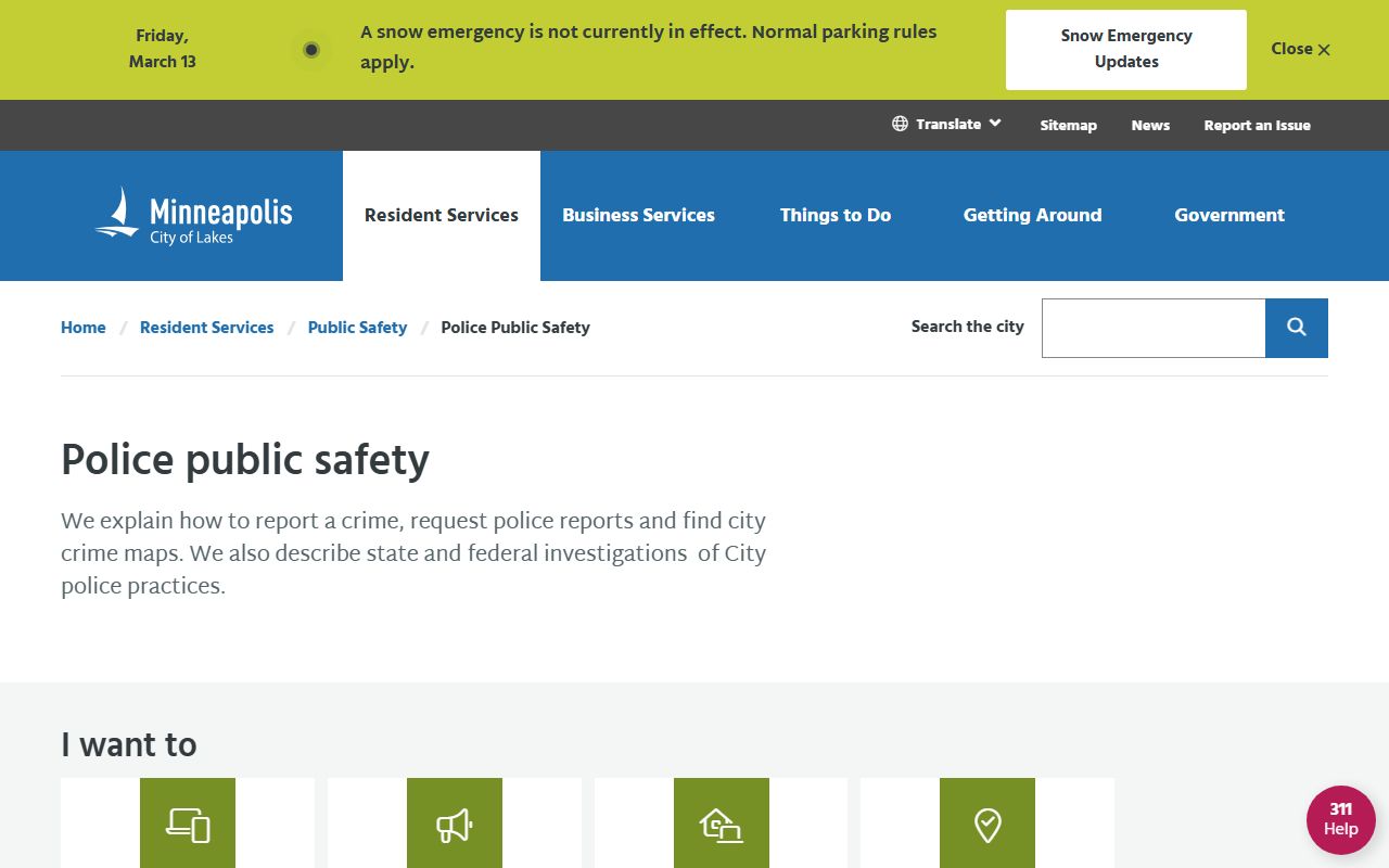 Minneapolis public safety page with police resources and booking information