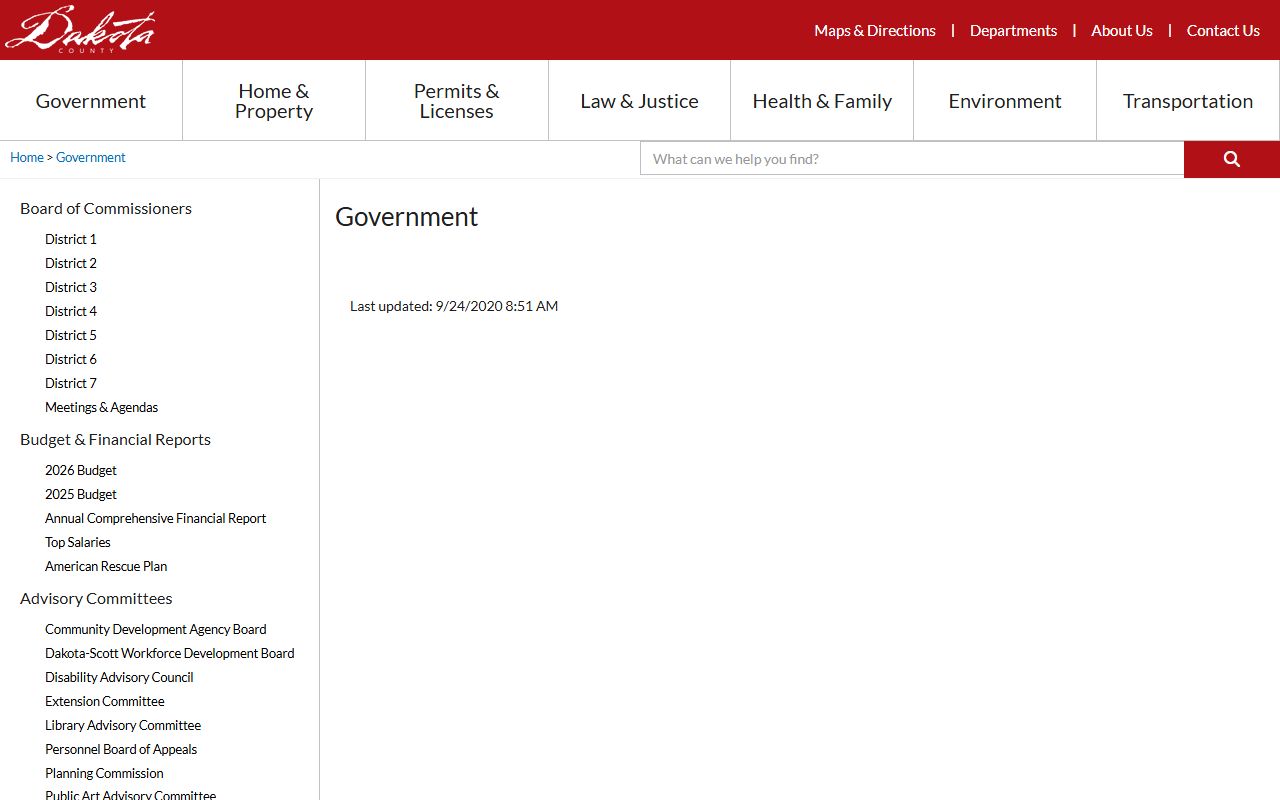 Dakota County government page with links to jail, booking records, and inmate search