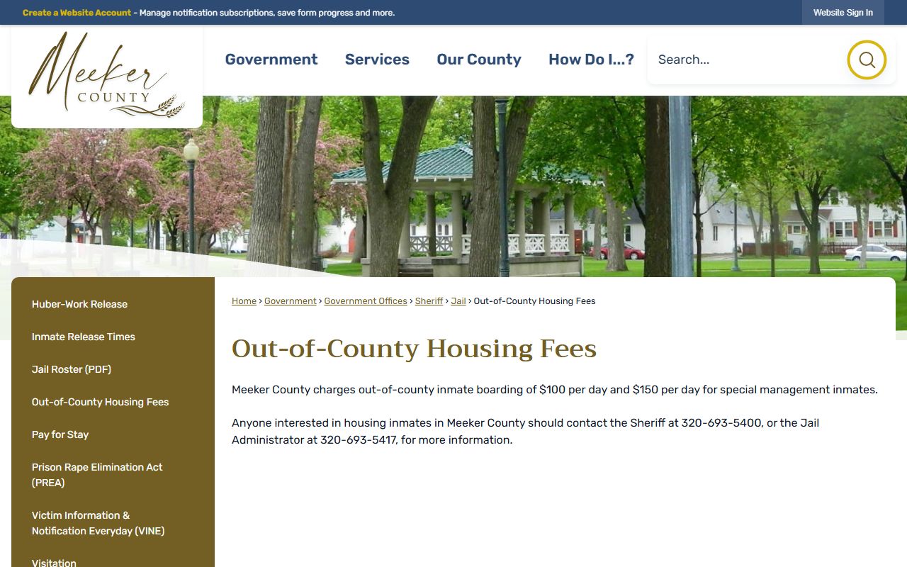 Meeker County inmate phone calls page showing how to contact inmates after recent bookings