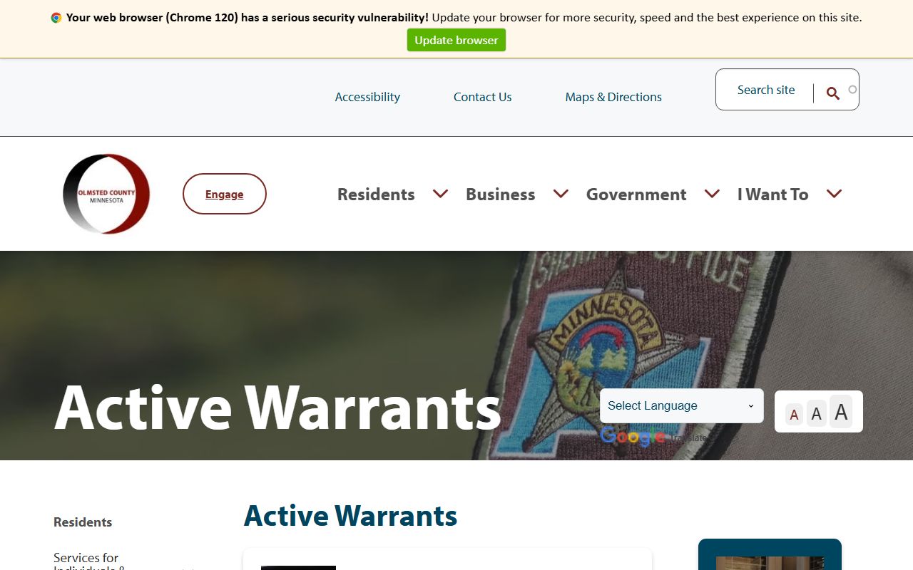 Olmsted County active warrants search page for checking outstanding warrants in Rochester MN