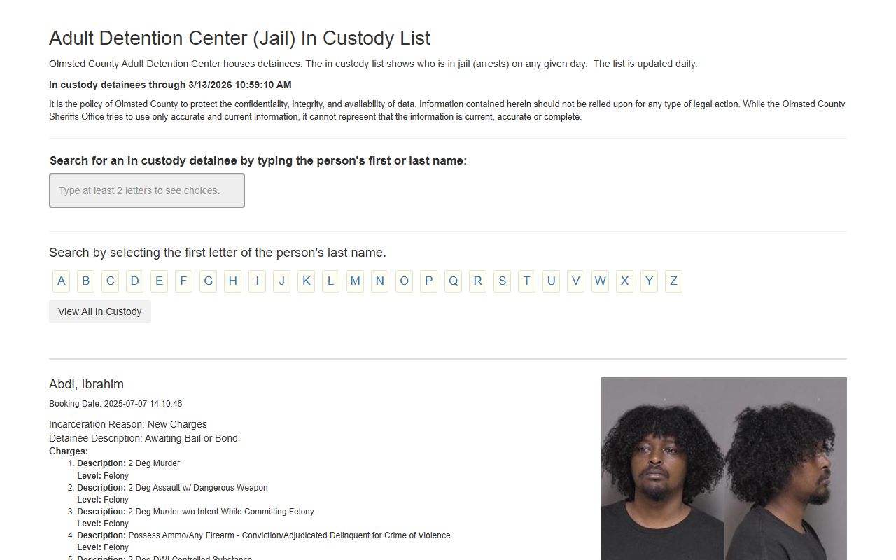 Olmsted County detainee list webapp for recent bookings and inmate search