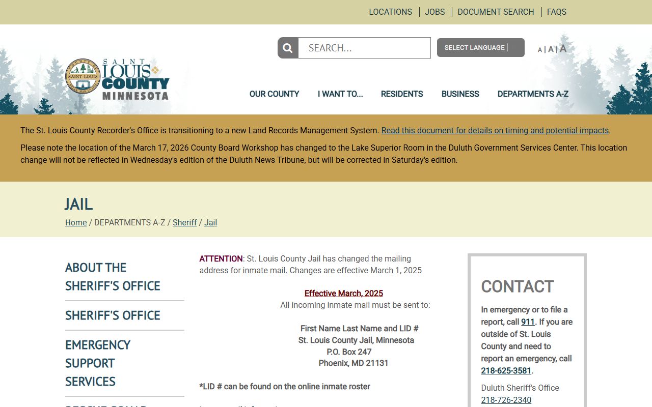 St. Louis County jail division page covering all three county detention facilities