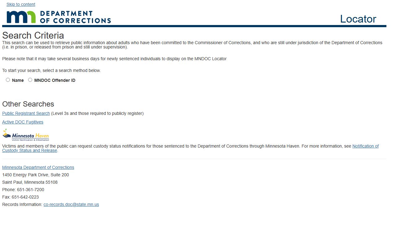 Minnesota Department of Corrections offender locator for recent bookings and state prison records